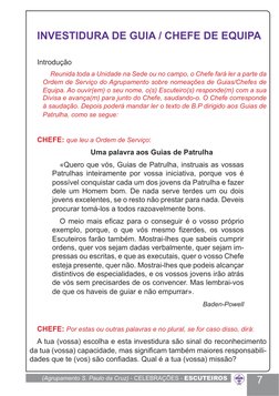 (Agrupamento S. Paulo da Cruz) - CELEBRAÇÕES - ESCUTEIROS
7
INVESTIDURA DE GUIA / CHEFE DE EQUIPA
Introdução
Reunida toda a