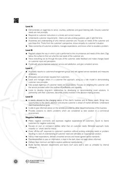 8
Level A
Demonstrates an eagerness to serve, courtesy, politeness and good listening skills. Ensures customer
needs are met
