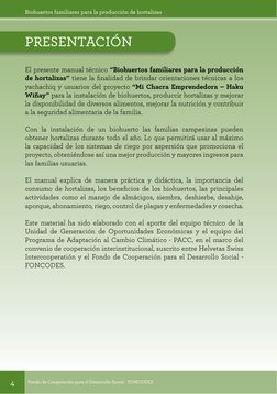 Biohuertos familiares para la producción de hortalizas
Fondo de Cooperación para el Desarrollo Social - FONCODES
4
PRESENTACI