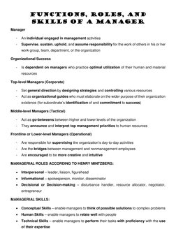 Functions, Roles, and 
Skills of a Manager 
Manager  
- 
An individual engaged in management activities 
- 
Supervise, sustai