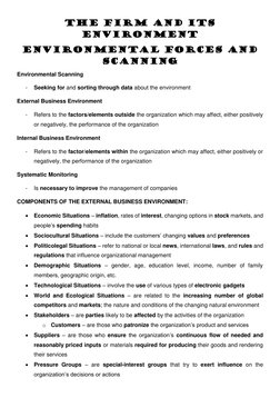 THE FIRM AND ITS 
ENVIRONMENT 
Environmental Forces and 
Scanning 
Environmental Scanning 
- 
Seeking for and sorting through