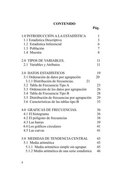 CONTENIDO
  
Pág.
1.0 INTRODUCCIÓN A LA ESTADÍSTICA
   1
1.1 Estadística Descriptiva
   3
1.2  Estadística Inferencial
   6
1