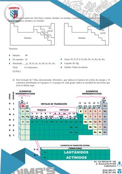 c)	 Desde el punto de vista físico, existen: metales, no metales, y metaloide; pero desde el punto de vista 
químico, metales
