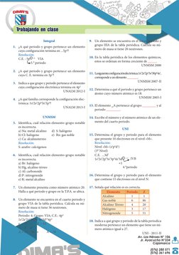 Trabajando en clase
Integral
1.	 ¿A qué periodo y grupo pertenece un elemento 
cuya configuración termina en ...5p4?
Resoluci