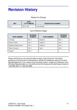 LOGIQ E9 – User Guide
i-1
Direction 5454884-100 English Rev. 1
Revision History
Reason for Change
List of Effective Pages
Ple