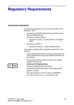 LOGIQ E9 – User Guide
i-3
Direction 5454884-100 English Rev. 1
Regulatory Requirements
Conformance Standards
The following cl