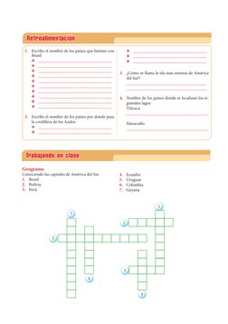 Trabajando en clase
Geograma
Conociendo las capitales de América del Sur
1.	 Brasil
2.	 Bolivia
3.	 Perú
4.	 Ecuador
5.	 Urug