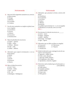Nivel intermedio
6.	 Solo uno de los siguientes sustantivos es correcto.
a)	Rinoceronta
b)	Testiga
c)	Elefanta
d)	Cocodrila
e