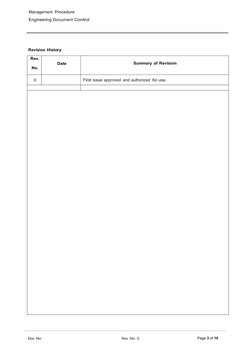 Management Procedure
Engineering Document Control
Page 3 of 10
Doc No: 
Rev No: 0
Revision History
Rev. 
No.
Date
Summary of