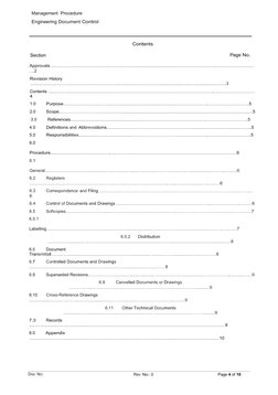 Doc No: 
Rev No: 0
Page 4 of 10
Management Procedure
Engineering Document Control
Contents
Section 
Page No.
Approvals ......
