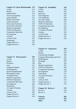 Chapter 16  Linear Relationships 213
A Task 
213
History 
213
Ordered Pairs 
214
The Four Quadrants 
215
Linear Models 
216
M