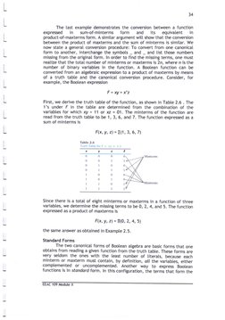 34
The last exampte demonstrates the conversion between a function
expressed in sum-of-minterms form and its equivatent in
pr