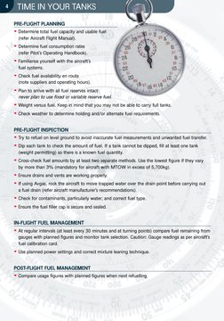 TIME IN YOUR TANKS
4
PRE-FLIGHT PLANNING
• Determine total fuel capacity and usable fuel
(refer Aircraft Flight Manual). 
• D