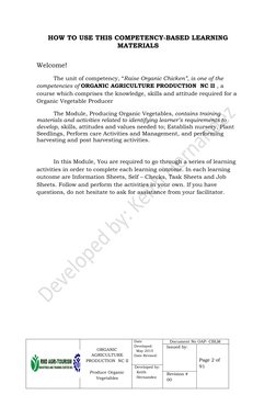HOW TO USE THIS COMPETENCY-BASED LEARNING
MATERIALS
Welcome!
The unit of competency, “Raise Organic Chicken”, is one of the