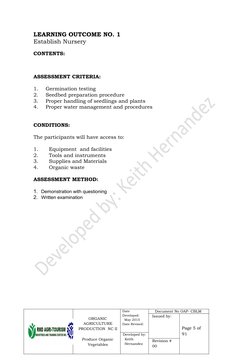 LEARNING OUTCOME NO. 1
Establish Nursery 
CONTENTS: 
ASSESSMENT CRITERIA:
1.
Germination testing
2.
Seedbed preparation proce