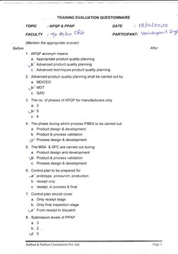 TRAINING EVALUATION QUESTIONNAIRE
TOPIC :APQP&PPAP
DAqE , 18 )P*) 2czc
PART(CIPANT: Vcn"c{r"2:'et { S'9t
Before
FAcuLrY , 1o