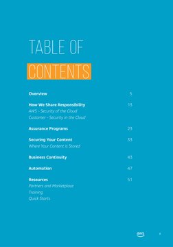 3
table of
CONTENTS


Overview 	
	
	
	
	
	
	
  5 
How We Share Responsibility 	 	
	
	
13
AWS - Security of the Cloud