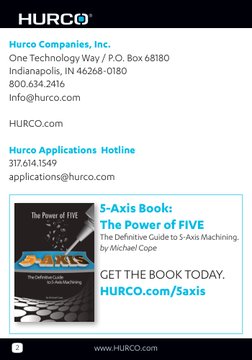 2
www.HURCO.com
Hurco Companies, Inc.
One Technology Way / P.O. Box 68180
Indianapolis, IN 46268-0180
800.634.2416
Info@hurco