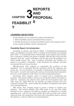 CHAPTER3
FEASIBILIT
Y
REPORTS
AND
PROPOSAL
S
LEARNING OBJECTIVES:
In this chapter, you are expected to achieve the following: