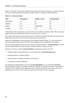 Chapter 3  The Activity Lifecycle
56
Figure 3.1 indicates for each state whether the activity has an instance in memory, is v