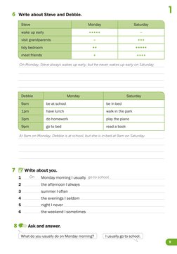 9
1
6	 Write about Steve and Debbie.
7	
 Write about you.
1	
 Monday morning I usually 
2	
 the afternoon I always 
3 	
 summ