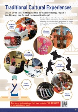 Tea 
ceremony/
Calligraphy
Kimono
wearing
Ninja 
experience
Fabric 
dyeing
Soba
making
Edo Kiriko 
glass 
cutting
Make your v