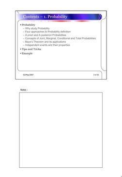 3
Notes :
02/May/2007
3 of 30
Contents – 1. Probability
• Probability
– Why study Probability
– Four approaches to Probabilit