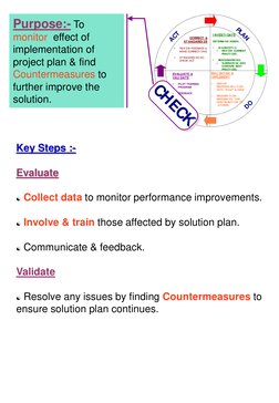 Key Steps :- 
 
Evaluate 
 
 Collect data to monitor performance improvements. 
 
 Involve & train those affected by soluti