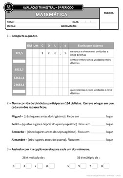 Avaliação Trimestral Matemática 3º Ano | PDF | Unidades de medida ...