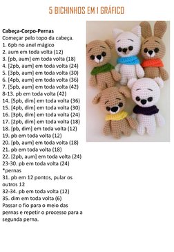 5 BICHINHOS EM 1 GRÁFICO
Cabeça-Corpo-Pernas
Começar pelo topo da cabeça.
1. 6pb no anel mágico
2. aum em toda volta (12)
3.