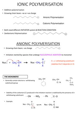 IONIC POLYMERISATION
• Addition polymerisation
• Growing chain bears –ve or +ve charge
• Both need different INITIATOR system