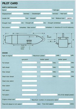 PILOT CARD
SHIP'S PARTICULARS
Name
Displacement
Length OA
Draught fwd
Port anchor
Call sign
(tonnes) 
Deadweight
(tonnes) 
Ye