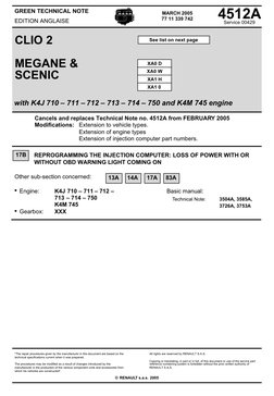 GREEN TECHNICAL NOTE
EDITION ANGLAISE
4512A
Service 00429
MARCH 2005
77 11 339 742
CLIO 2
MEGANE &
SCENIC
with K4J 710 – 711
