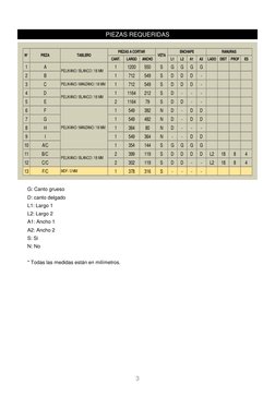 CANT.
LARGO
ANCHO
L1
L2
A1
A2
LADO
DIST
PROF
ES
1
A
1
1200
550
S
G
G
G
G
2
B
1
712
549
S
D
D
D
-
3
C
PELIKANO / MANZANO / 18
