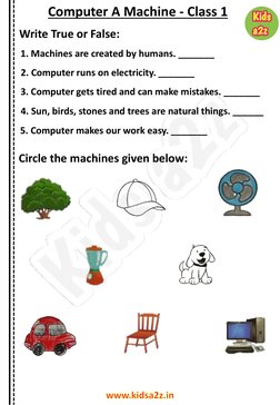 Write True or False:
Computer A Machine - Class 1
1. Machines are created by humans. _______
2. Computer runs on electricity.