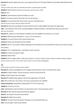 Narrator 8: Jasmine walks away. She is very angry at Prince Ali. The Sultan follows her and Jafar hides behind some
curtains.