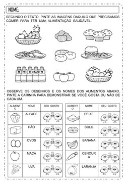 SEGUNDO O TEXTO, PINTE AS IMAGENS DAQUILO QUE PRECISAMOS  
COMER  PARA  TER  UMA  ALIMENTAÇÃO  SAUDÁVEL. 
.
OBSERVE OS DESENH