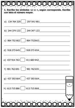 a) 134 764 329
297 541 981
1. Escribe los símbolos <,> o =, según corresponda. Escribe 
con letra el número mayor.
b) 244 374