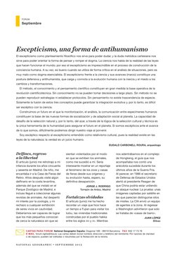 Septiembre
FORUM
national geographic • septiembre 
Escepticismo, una forma de antihumanismo
El escepticismo como planteam