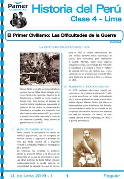 Historia del Perú
Clase 4 - Lima
ULIII1Hp4
El Primer Civilismo: Las Dificultades de la Guerra
1
U. de Lima 2019 - I
R