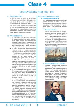 2
Clase 4
U. de Lima 2019 - I
Regular
I. 	 INTRODUCCIÓN
En abril de 1879 se desató un prolongado 
conflicto armado entre Perú