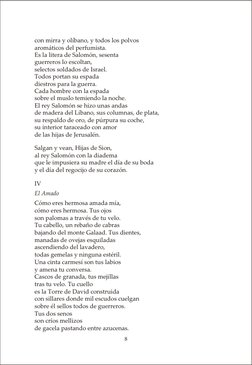 con mi rra y olí ba no, y to dos los pol vos 
aro má ti cos del per fu mis ta. 
Es la li te ra de Sa lo món, se sen ta 
gue r