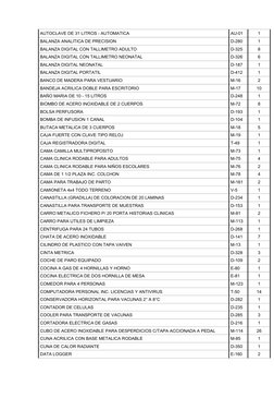 AUTOCLAVE DE 31 LITROS - AUTOMATICA
AU-01
1
BALANZA ANALITICA DE PRECISION
D-280
1
BALANZA DIGITAL CON TALLIMETRO ADULTO
D-32