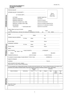 File Ref. No.
APPLICATION FOR ADMISSION TO
THE GRADUATE PROGRAM 
AT KFUPM