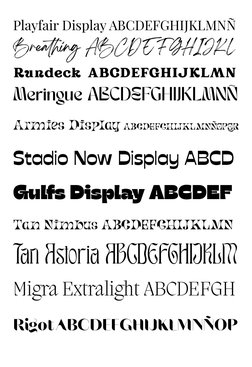 Playfair Display ABCDEFGHIJKLMNÑ
Breathing ABCD E F GHIJKL
Rundeck ABCDEFGHIJKLMN
Meringue ABCDEFGHIJKLMNÑ
Armies Display ABC