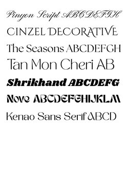Pinyon Script ABCDEFGH
Cinzel DECORATIVE 
The Seasons ABCDEFGH
Tan Mon Cheri AB
Shrikhand ABCDEFG
Nove ABCDEFGHIJKLM
Kenao Sa