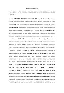 PERSONAMIENTO
JUZGADO DE LETRAS DE FAMILIA DEL DEPARTAMENTO DE FRANCISCO
MORAZAN.
Nosotras  ISMELDA ARICIA SANCHEZ PARADA, ma