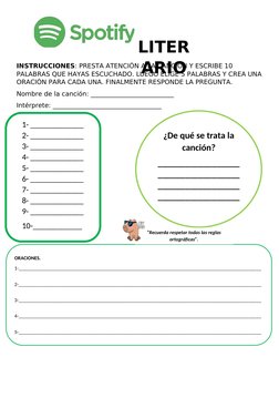 INSTRUCCIONES: PRESTA ATENCIÓN A LA CANCIÓN Y ESCRIBE 10 
PALABRAS QUE HAYAS ESCUCHADO. LUEGO ELIGE 5 PALABRAS Y CREA UNA
ORA