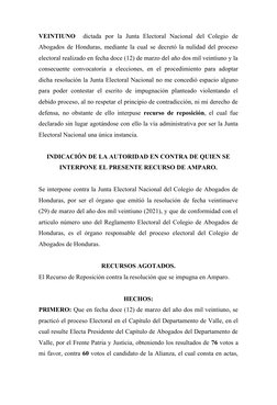 VEINTIUNO   dictada  por  la  Junta  Electoral  Nacional  del  Colegio  de
Abogados de Honduras, mediante la cual se decretó