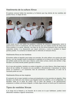Vestimenta de la cultura Xinca
Si quieres conocer todos los secretos y la historia que hay detrás de los vestidos del
pueblo